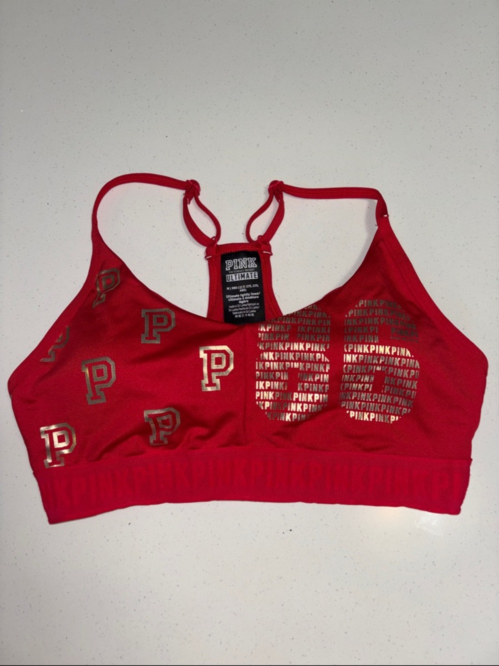 PINK Victoria's Secret Red Logo Racerback Bralette with Gold Accents